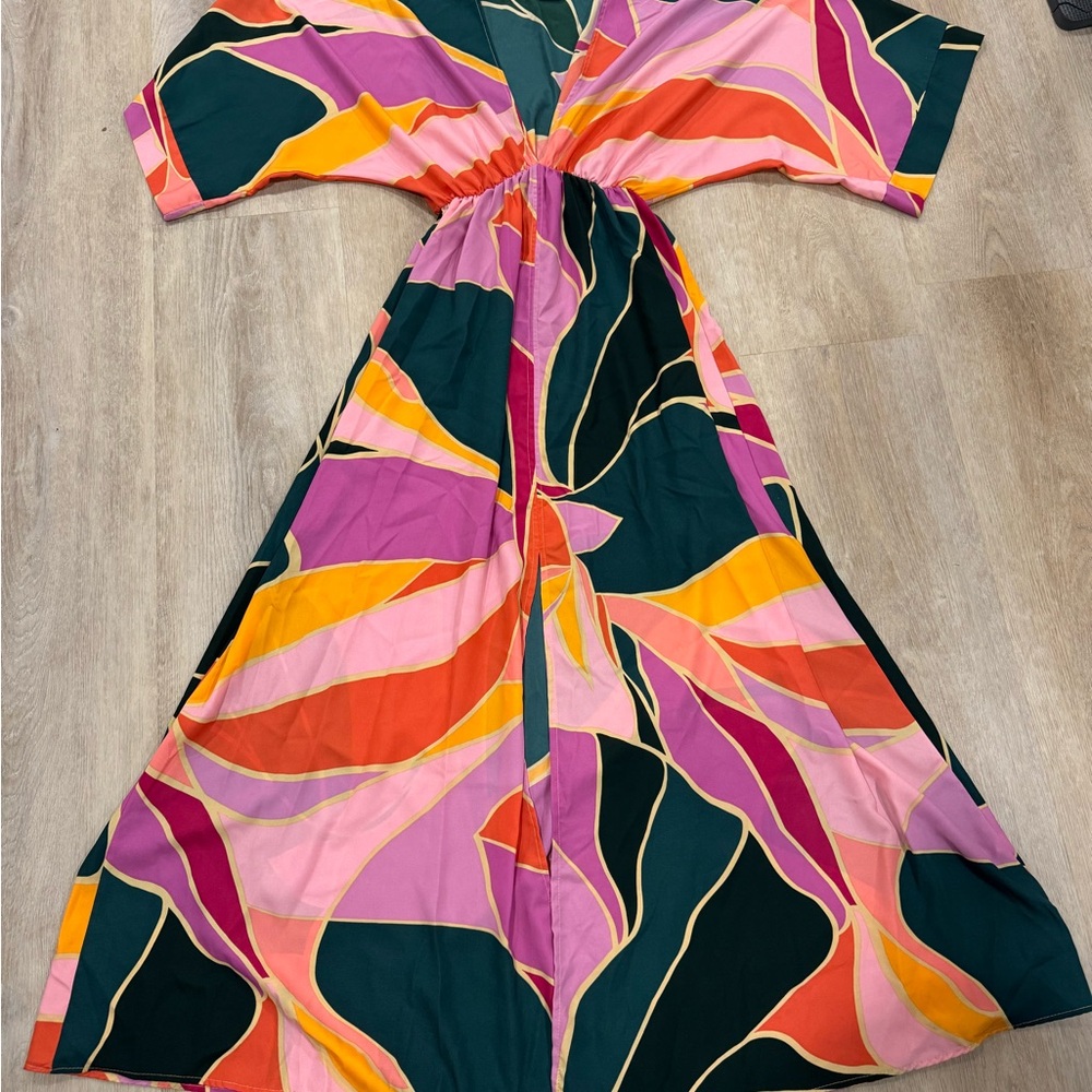 Vici Pink and Green Abstract Kimono Maxi Dress - Picture 2 of 3